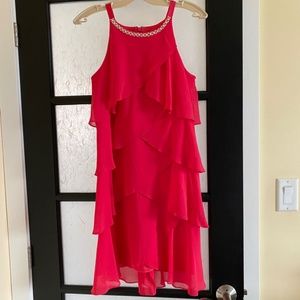 Laura Petites Coral Read Halter Top Ruffle Tiered Shift Dress Size 8P